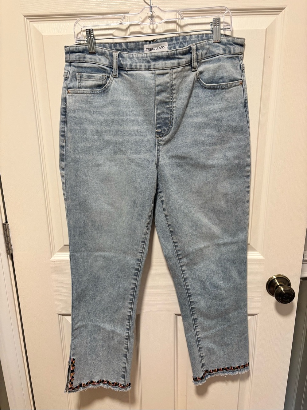 Tribal Size 12 Light Wash Cropped Jeans Raw Hem Embroidered Trim